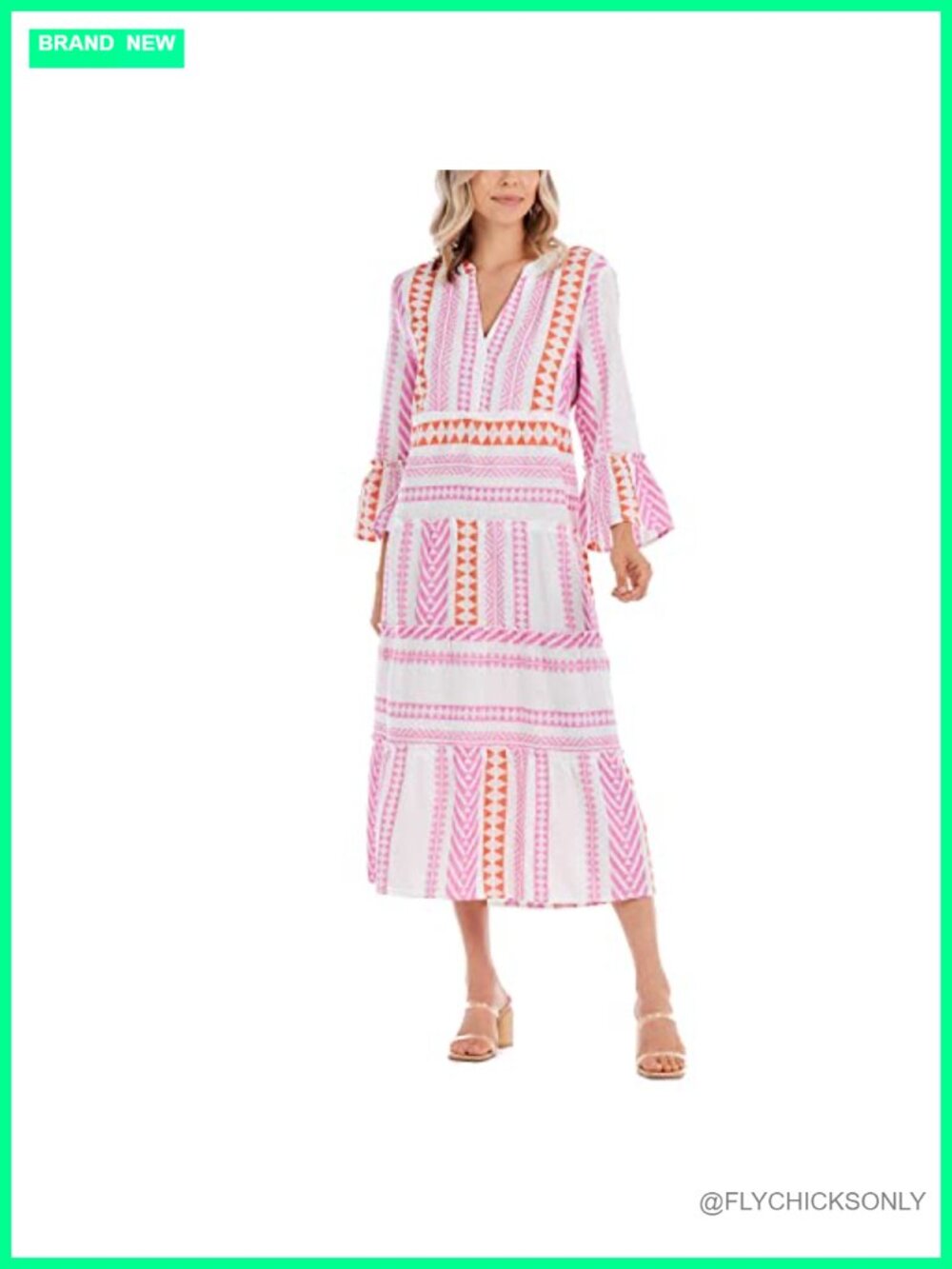 Yarn-Dye Woven Cotton Tiered Midi Dress V-Neck 3/4 Sleeve